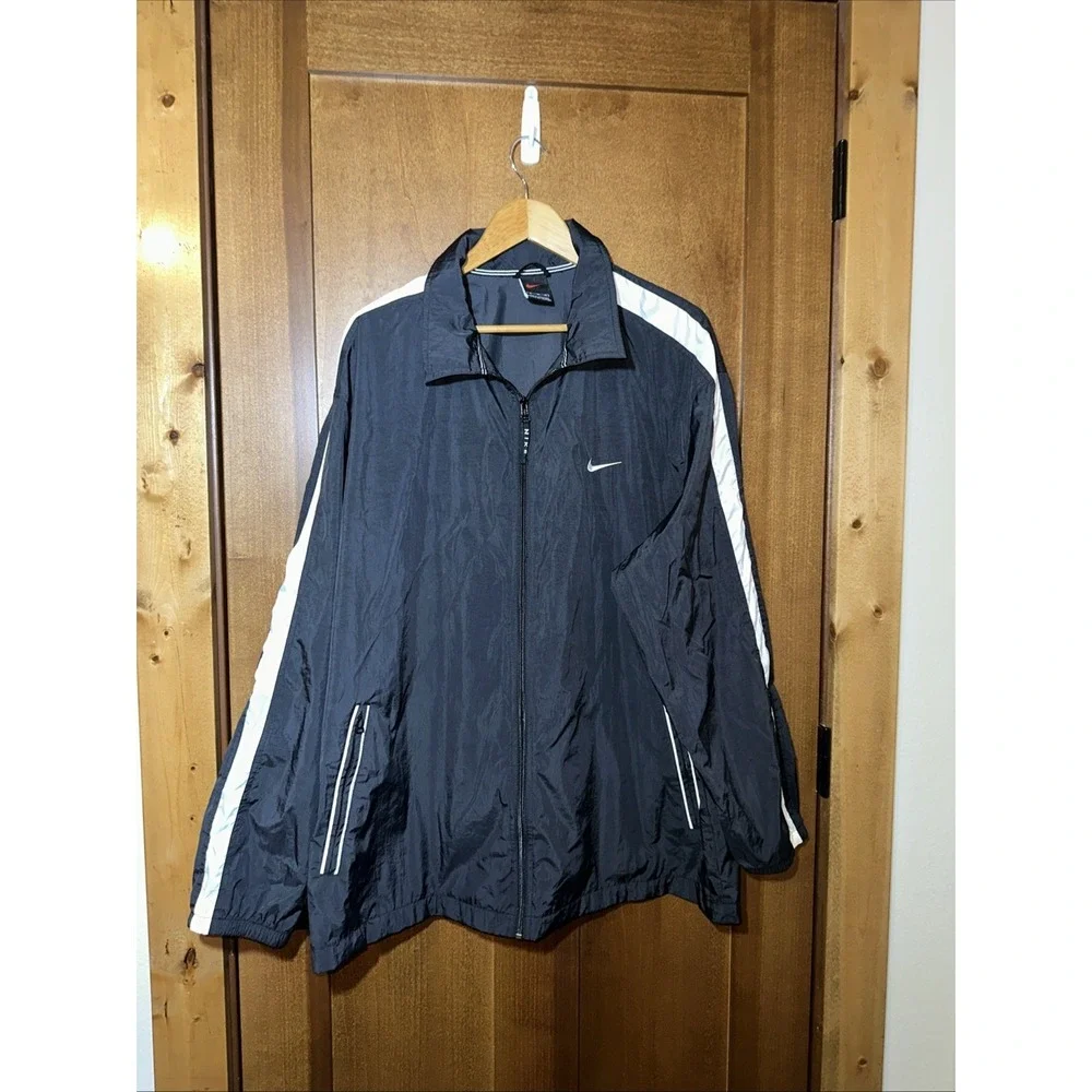 Nike Y2K Windbreaker Jacket Mens XL Black White Full Zip‎ Swoosh Track